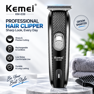 Kemei KM-039 Professional Hair Clipper & Beard Trimmer – Cordless USB Rechargeable Grooming Kit with Stainless Steel Blades, 130-Min Run Time & 3 Guide Combs